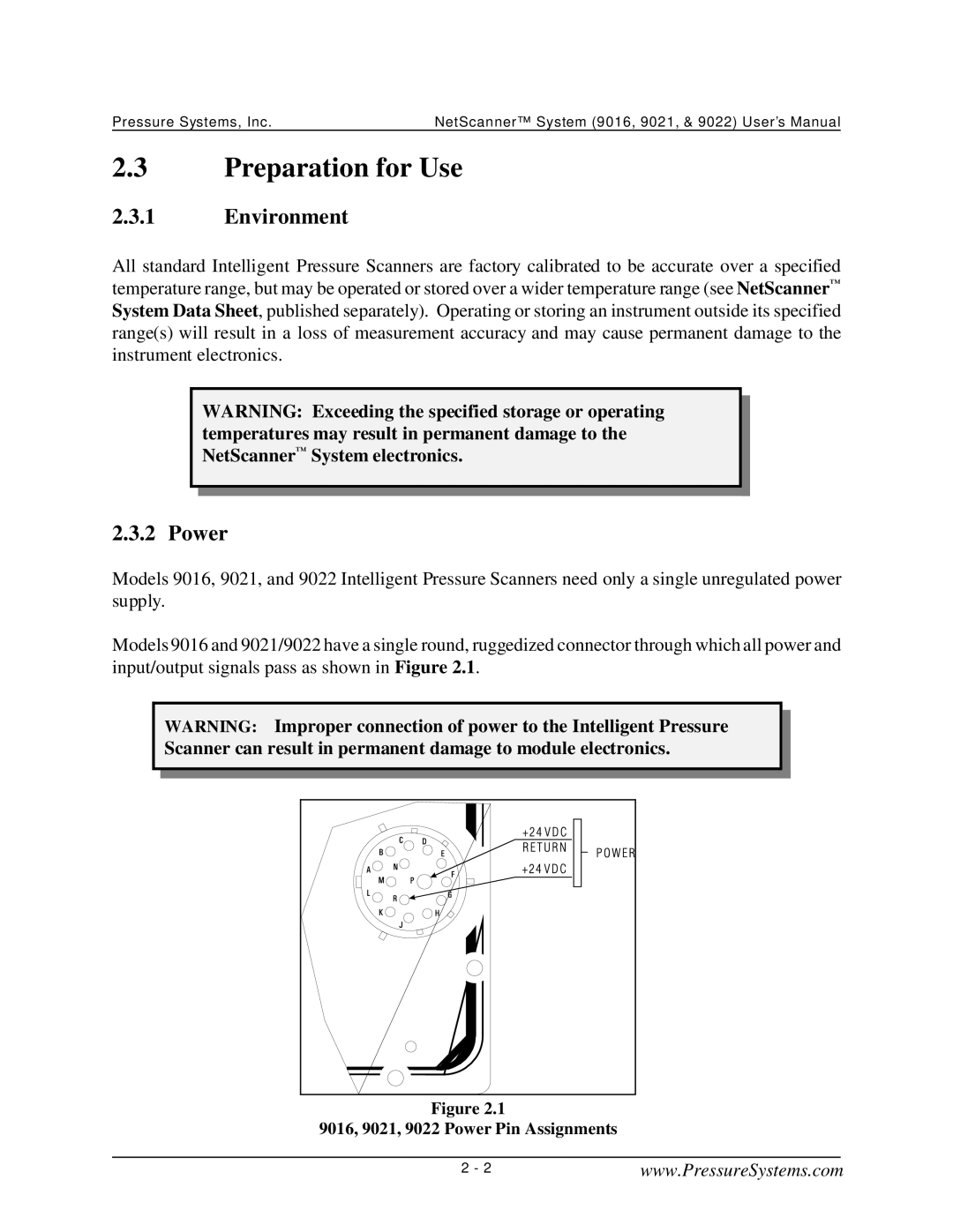 Pressure Systems 9022 user manual Preparation for Use, Environment, Power 