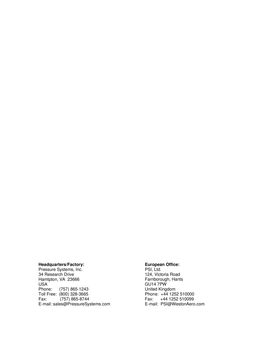 Pressure Systems 9022 user manual Headquarters/Factory European Office 