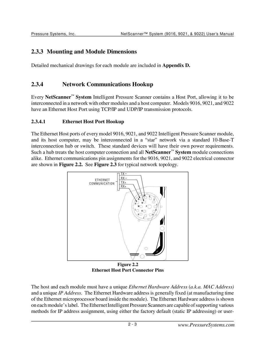 Pressure Systems 9022 user manual Mounting and Module Dimensions, Network Communications Hookup, Ethernet Host Port Hookup 