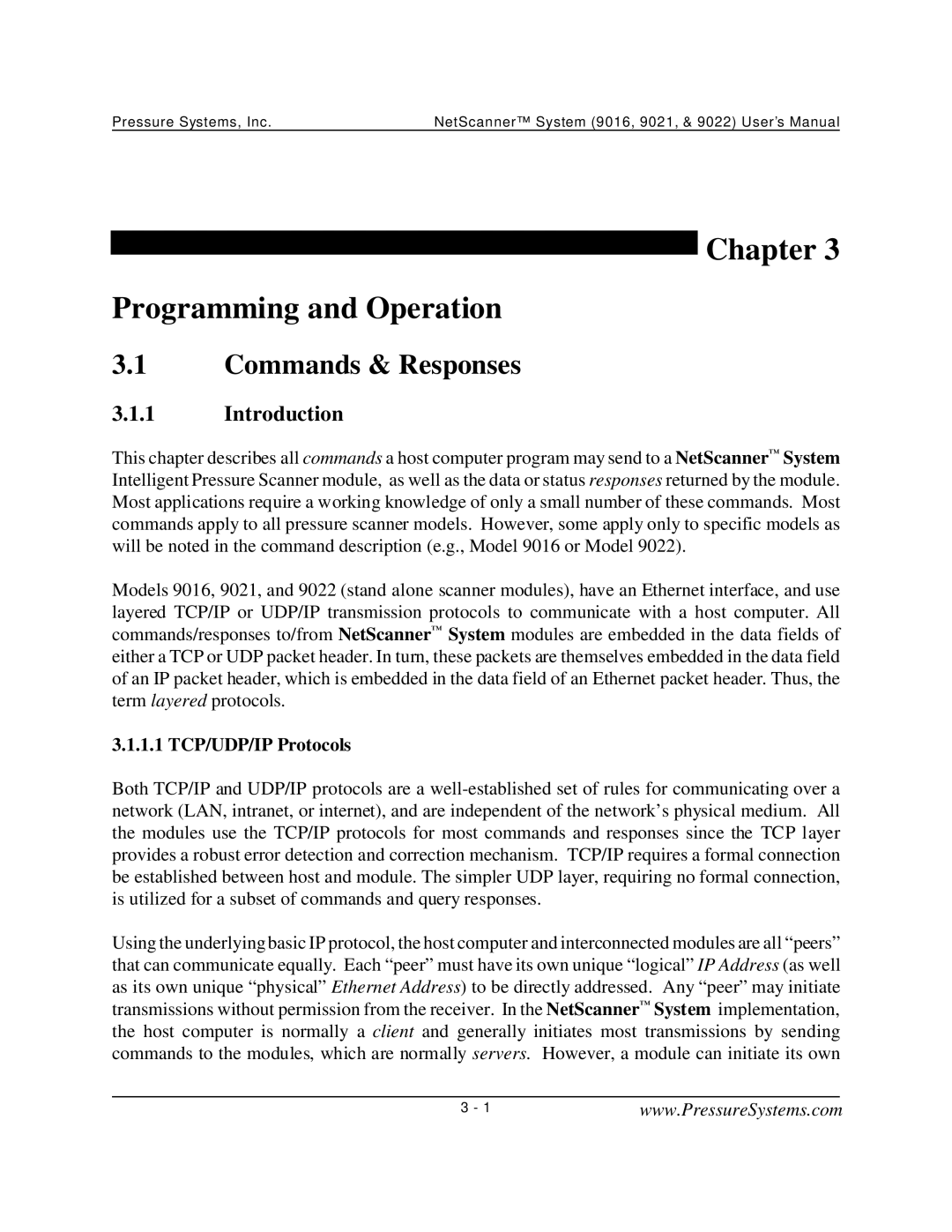 Pressure Systems 9022 Chapter Programming and Operation, Commands & Responses, Introduction, 1.1 TCP/UDP/IP Protocols 