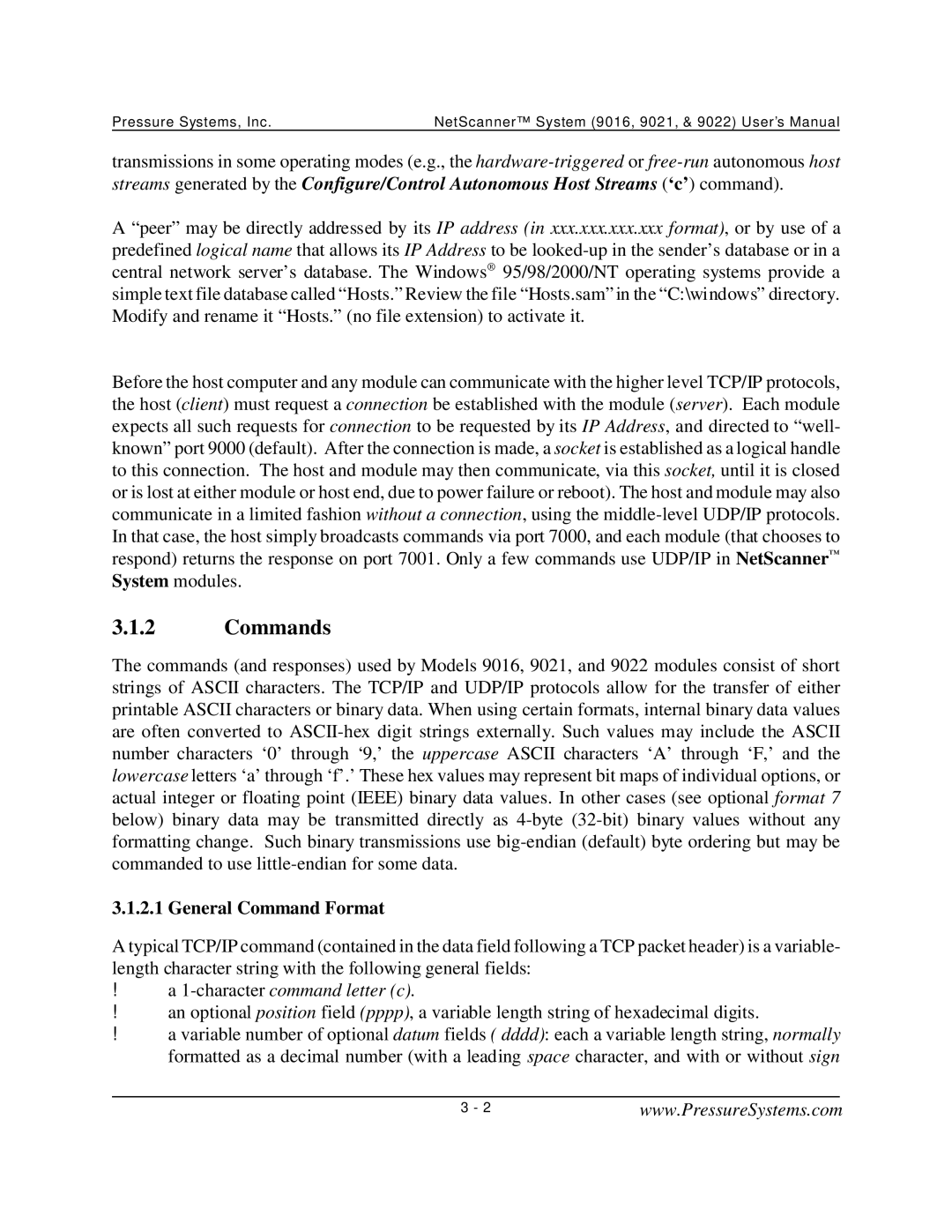 Pressure Systems 9022 user manual Commands, General Command Format 