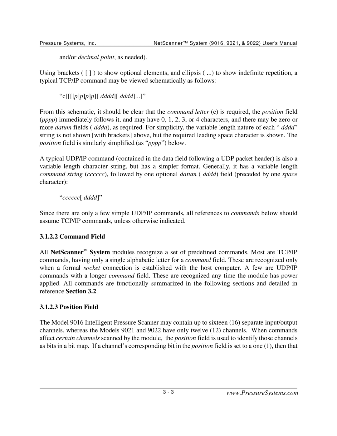 Pressure Systems 9022 user manual Command Field, Position Field 