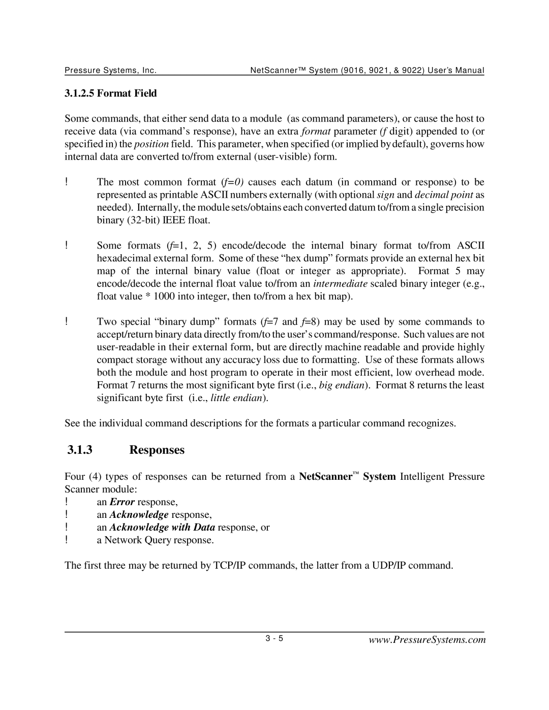 Pressure Systems 9022 user manual Responses, Format Field, An Acknowledge with Data response, or 