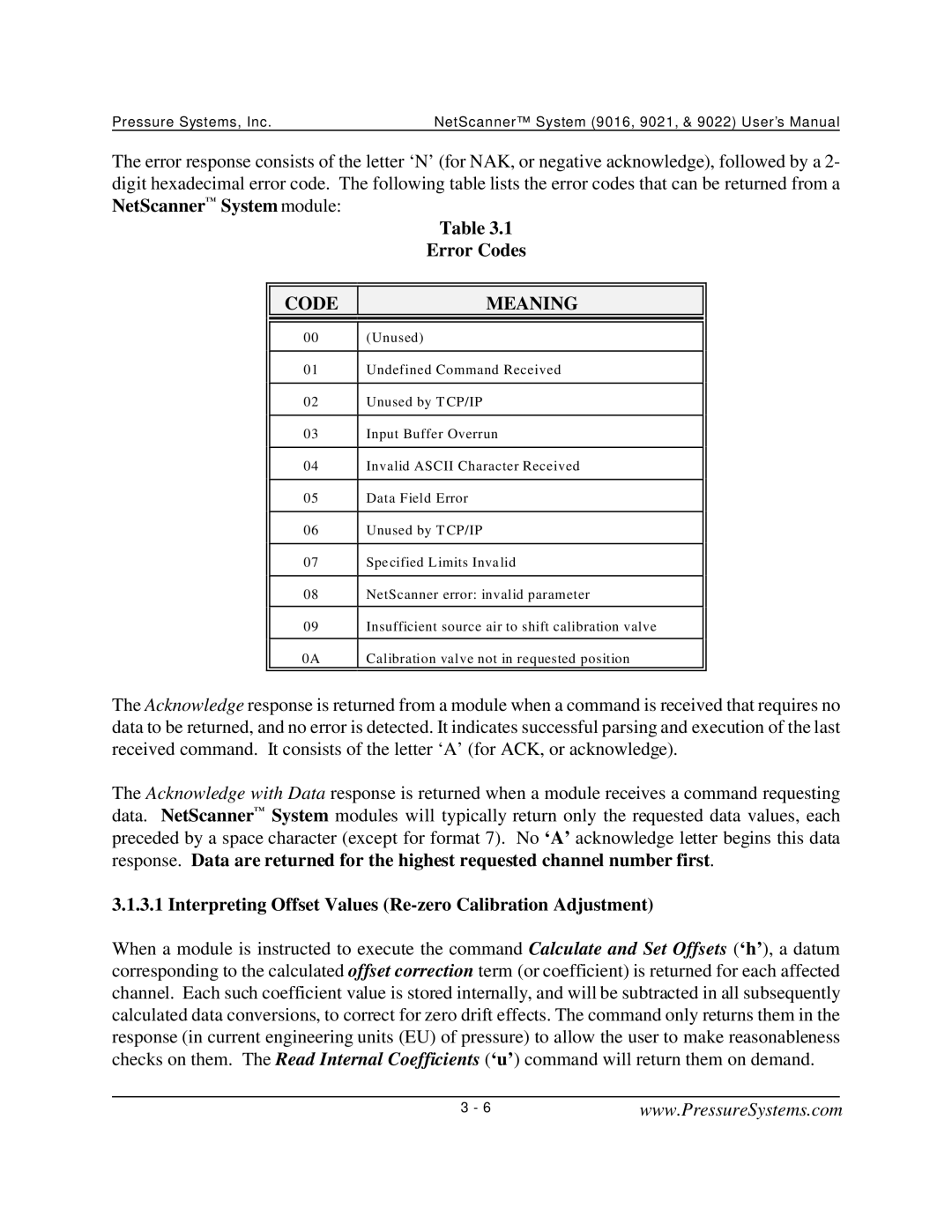 Pressure Systems 9022 user manual Error Codes, Interpreting Offset Values Re-zero Calibration Adjustment 