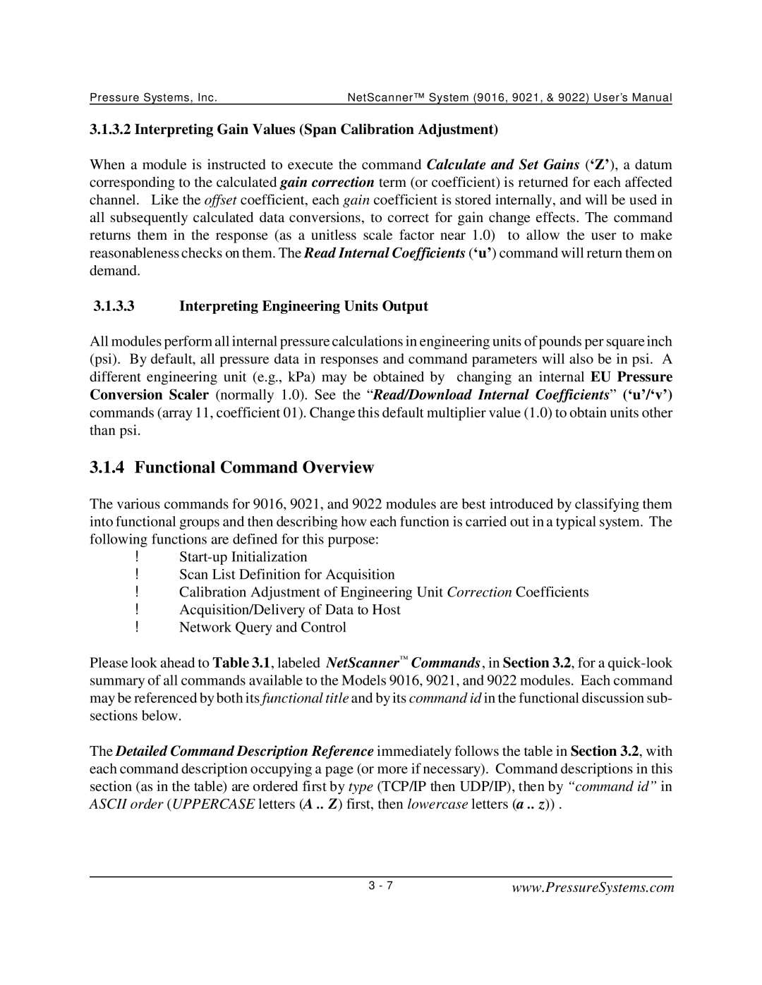 Pressure Systems 9022 user manual Functional Command Overview, Interpreting Gain Values Span Calibration Adjustment 