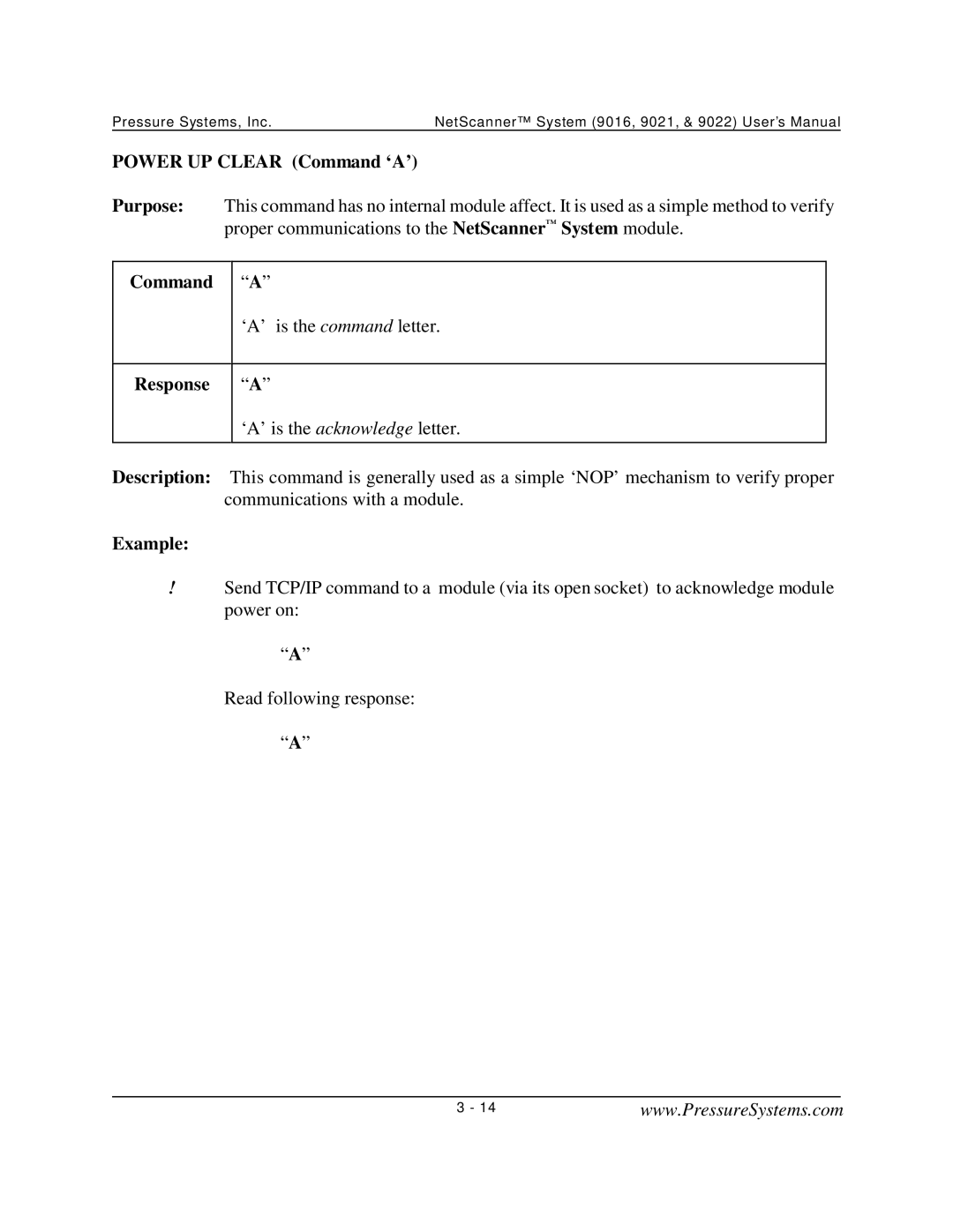 Pressure Systems 9022 user manual Power UP Clear Command ‘A’, Command a, Response a, Example 