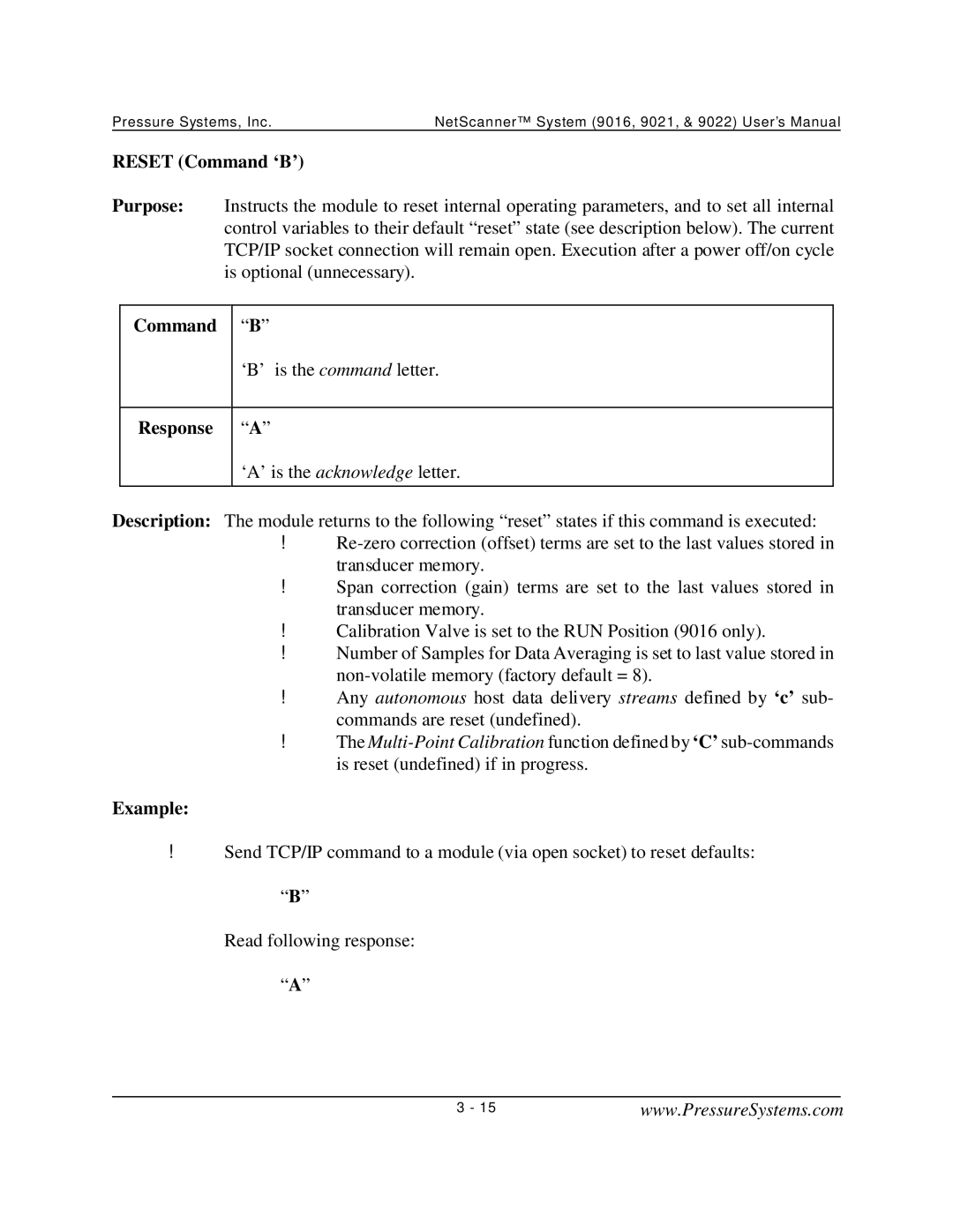 Pressure Systems 9022 user manual Reset Command ‘B’, Command B 