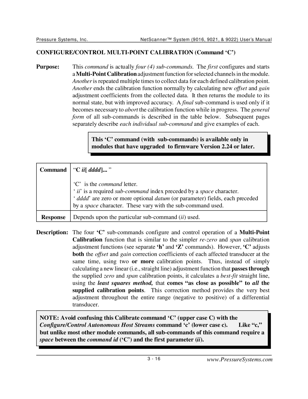 Pressure Systems 9022 user manual CONFIGURE/CONTROL MULTI-POINT Calibration Command ‘C’ 