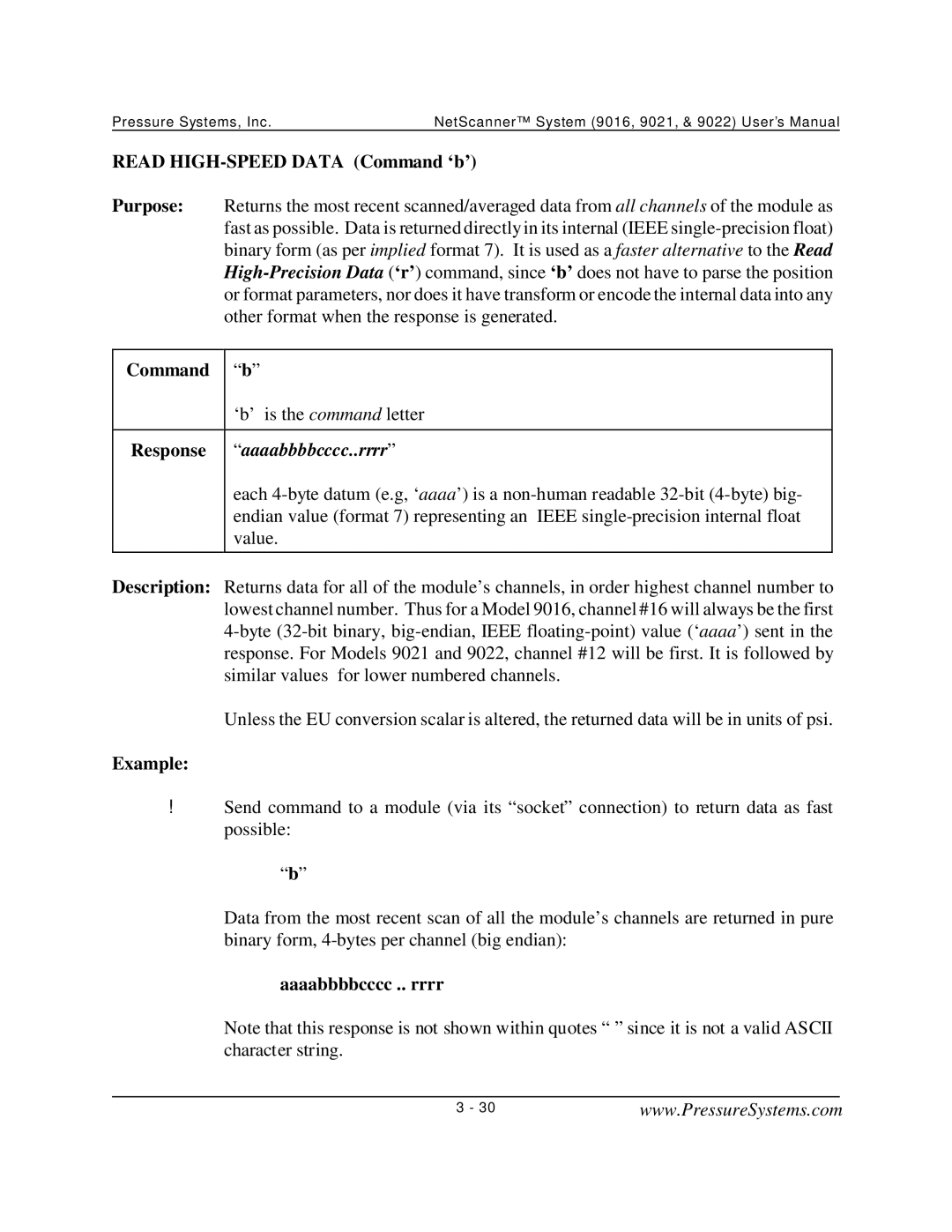 Pressure Systems 9022 user manual Read HIGH-SPEED Data Command ‘b’, Response aaaabbbbcccc..rrrr, Aaaabbbbcccc .. rrrr 