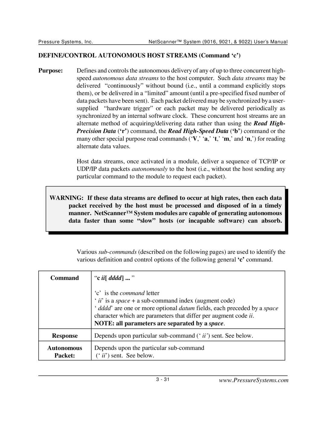 Pressure Systems 9022 user manual DEFINE/CONTROL Autonomous Host Streams Command ‘c’, Command Ii dddd 