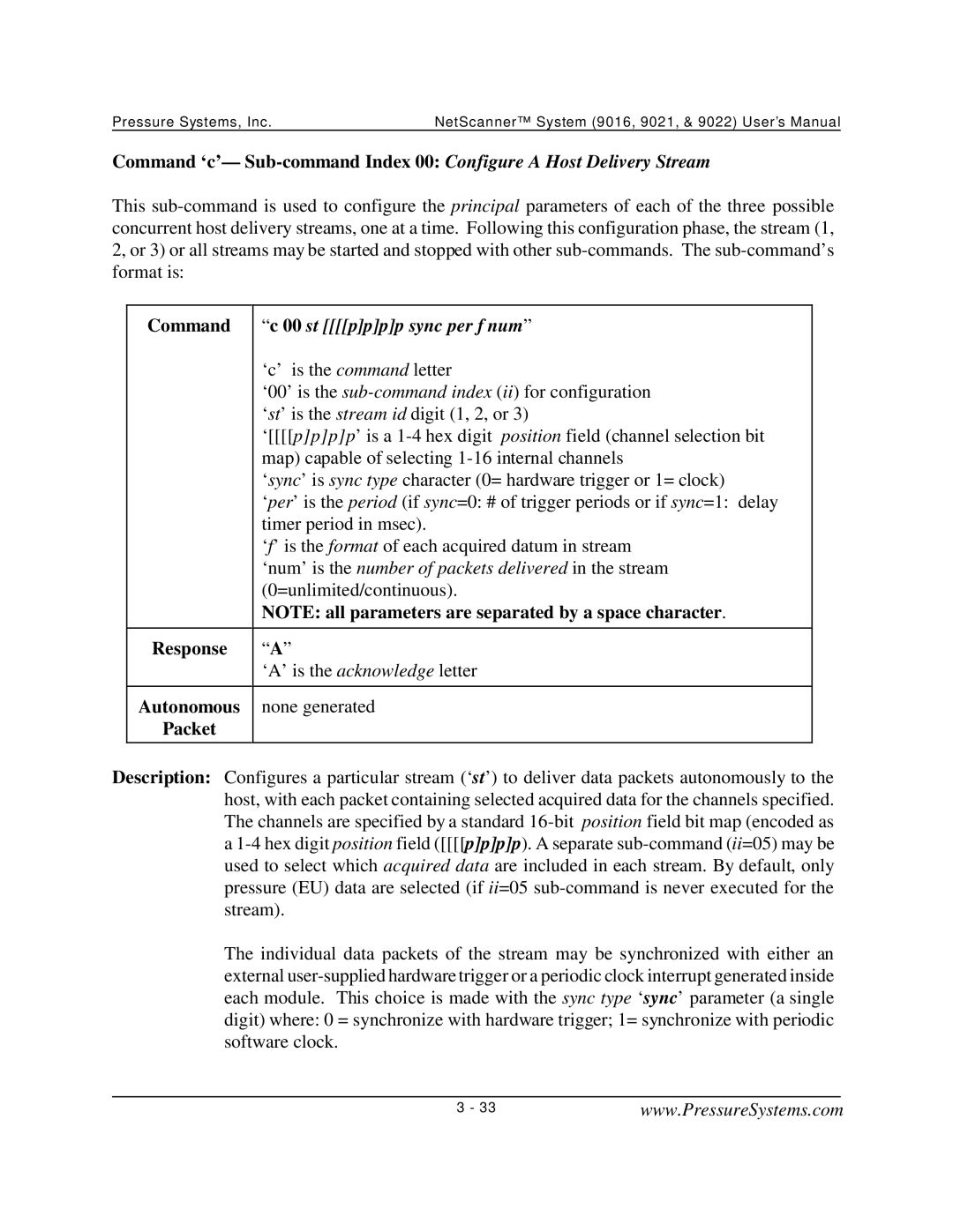 Pressure Systems 9022 user manual Command, St pppp sync per f num, Autonomous, Packet 