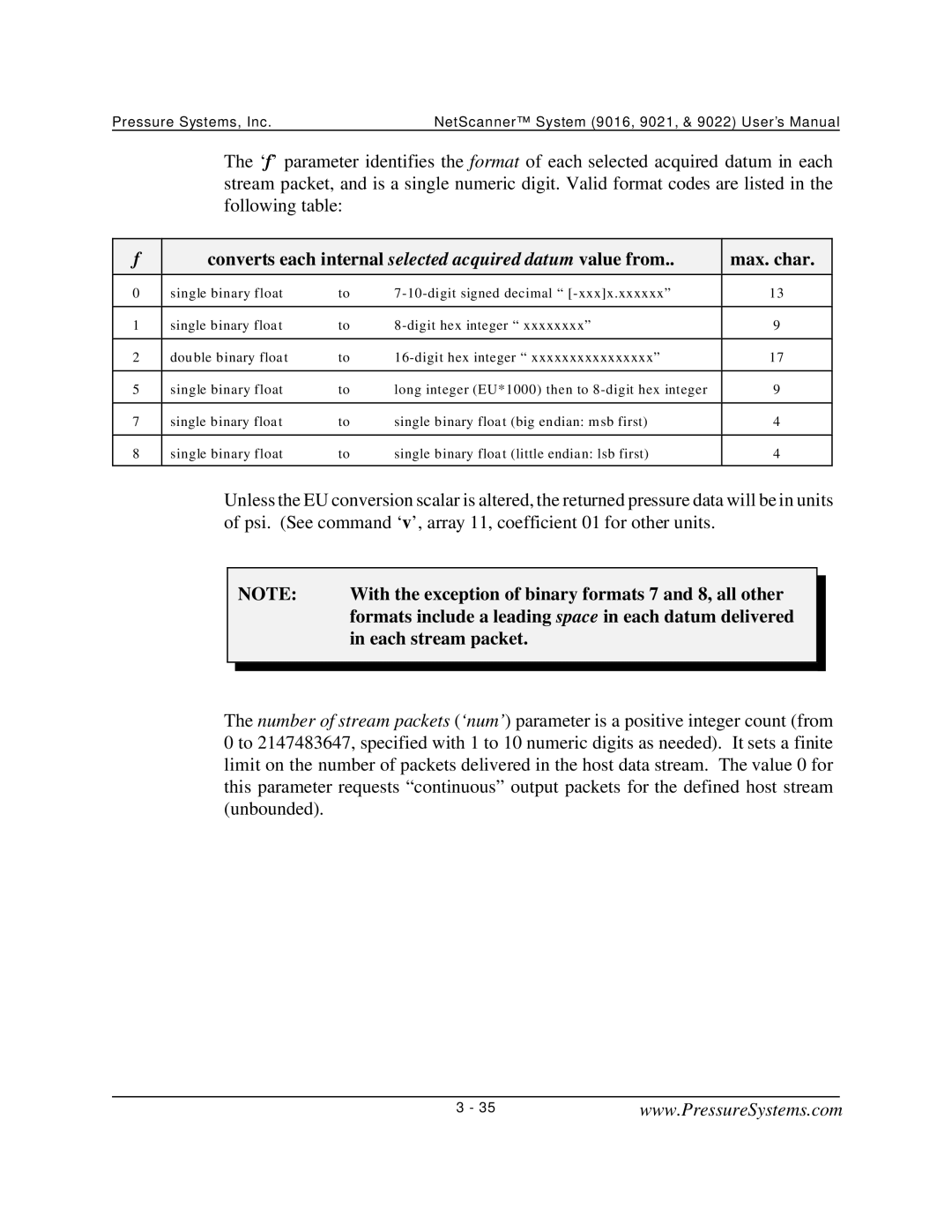 Pressure Systems 9022 user manual With the exception of binary formats 7 and 8, all other, Each stream packet 