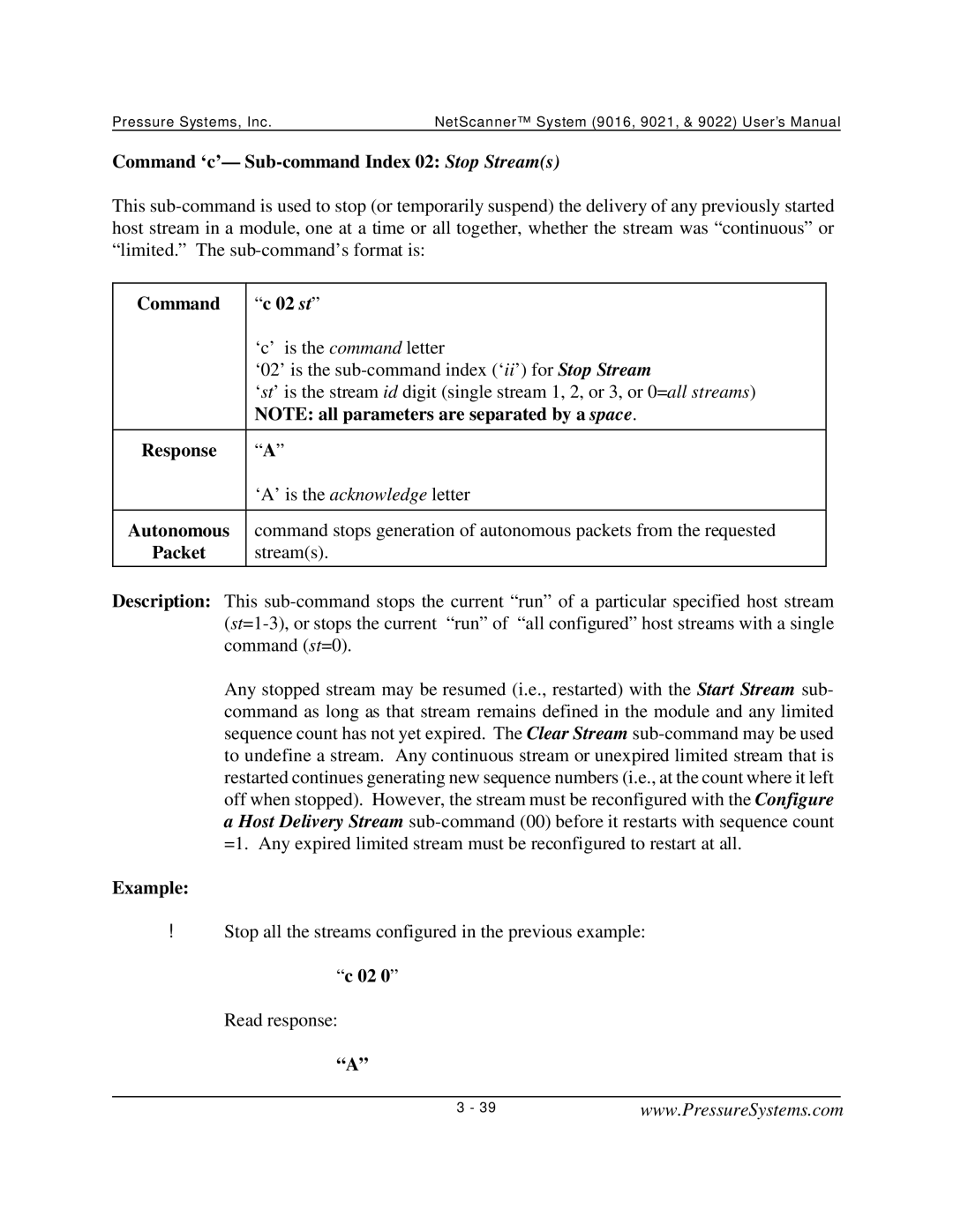 Pressure Systems 9022 user manual Command ‘c’- Sub-command Index 02 Stop Streams, Command 02 st 