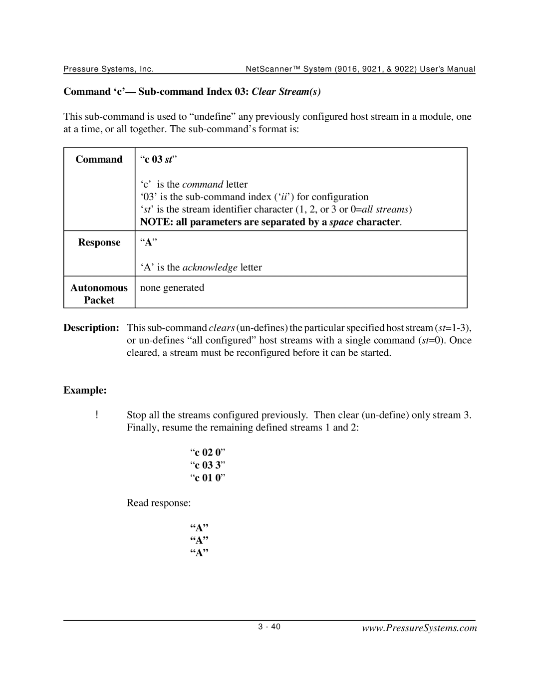 Pressure Systems 9022 user manual Command ‘c’- Sub-command Index 03 Clear Streams, Command 03 st, 02 0 c 03 3 c 01 