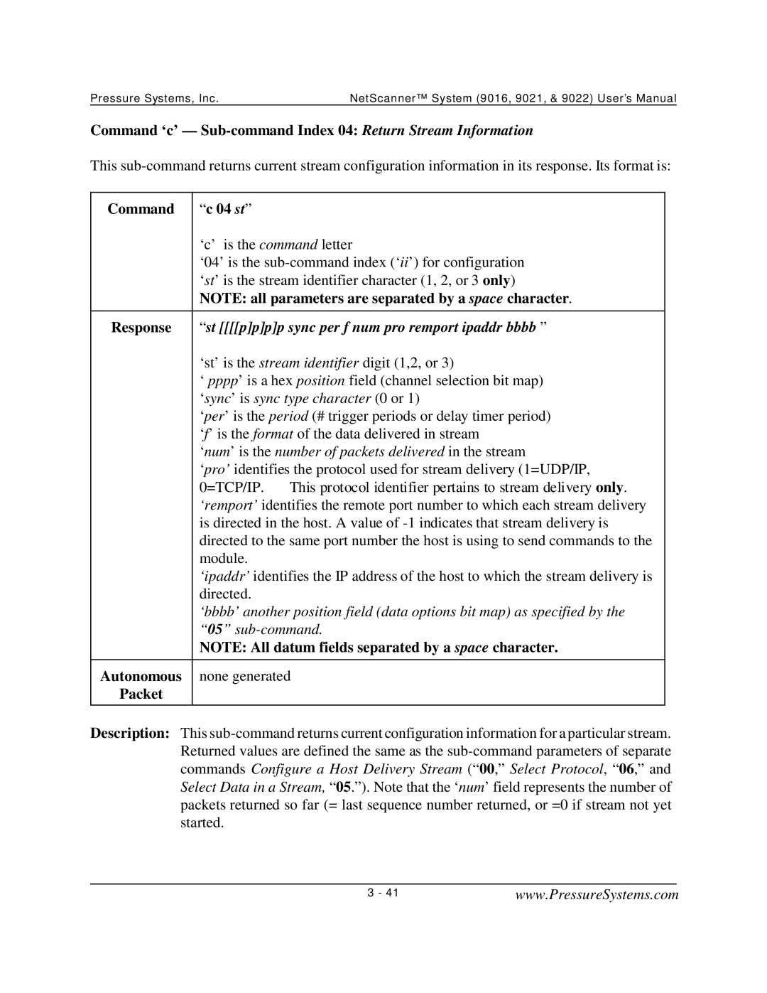 Pressure Systems 9022 user manual Command ‘c’ Sub-command Index 04 Return Stream Information, Command c 04 st 