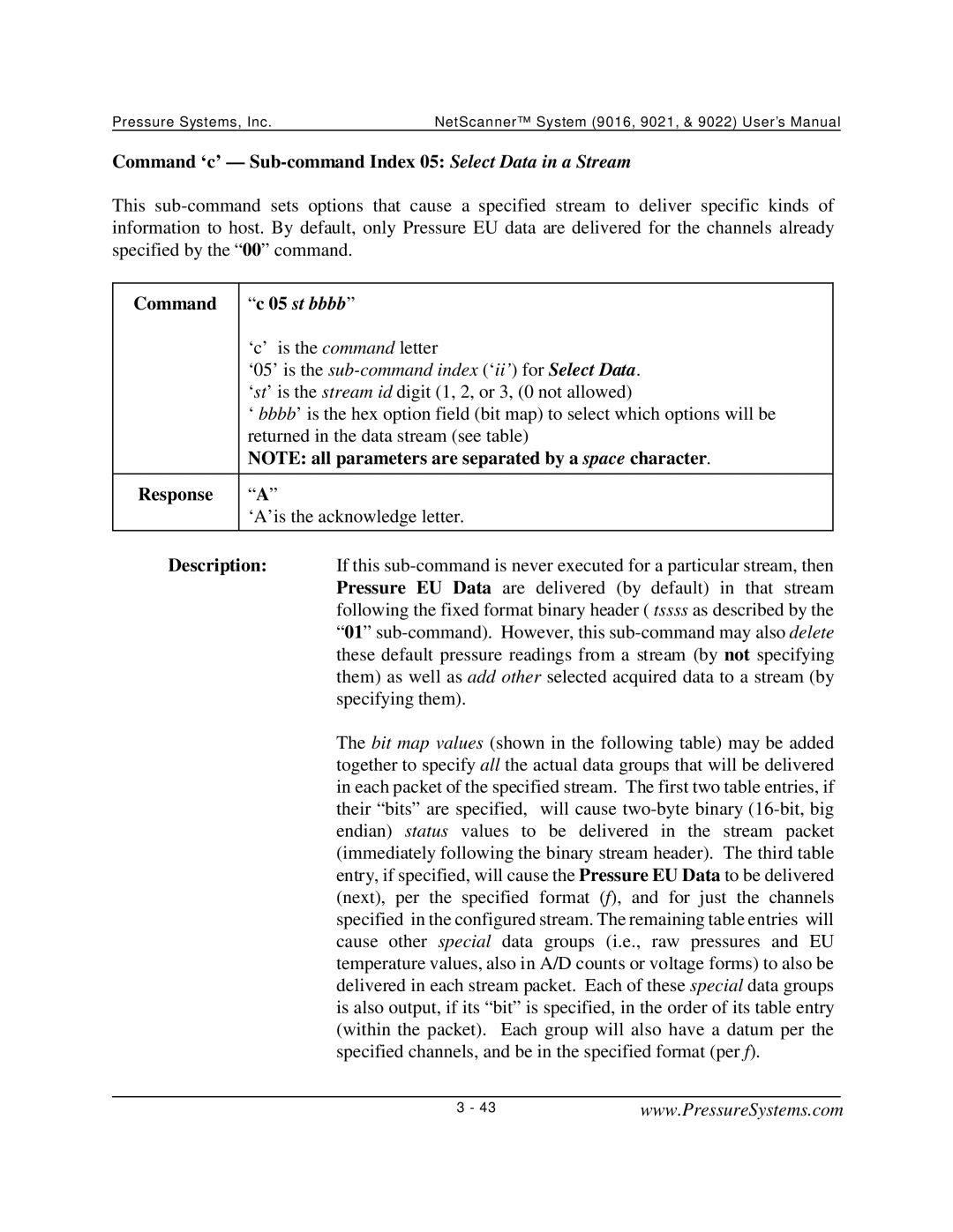 Pressure Systems 9022 user manual Command ‘c’ Sub-command Index 05 Select Data in a Stream, Command c 05 st bbbb 