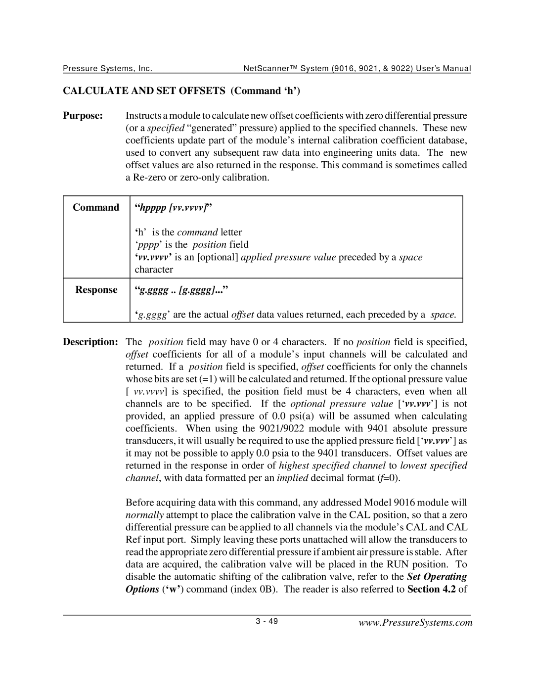 Pressure Systems 9022 user manual Calculate and SET Offsets Command ‘h’ Purpose, Hpppp, Gggg .. g.gggg, Description 