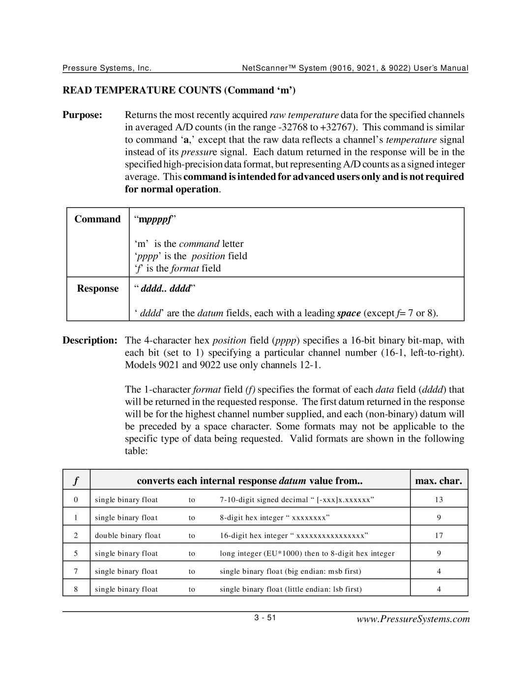 Pressure Systems 9022 user manual Read Temperature Counts Command ‘m’, For normal operation Command mppppf 