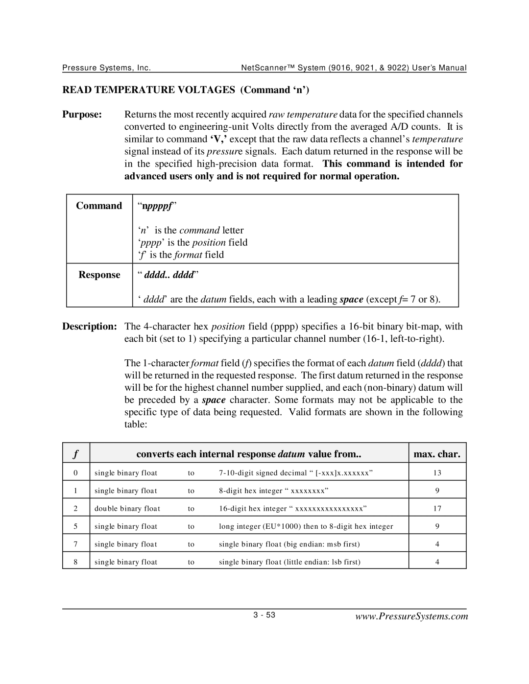 Pressure Systems 9022 user manual Read Temperature Voltages Command ‘n’ 