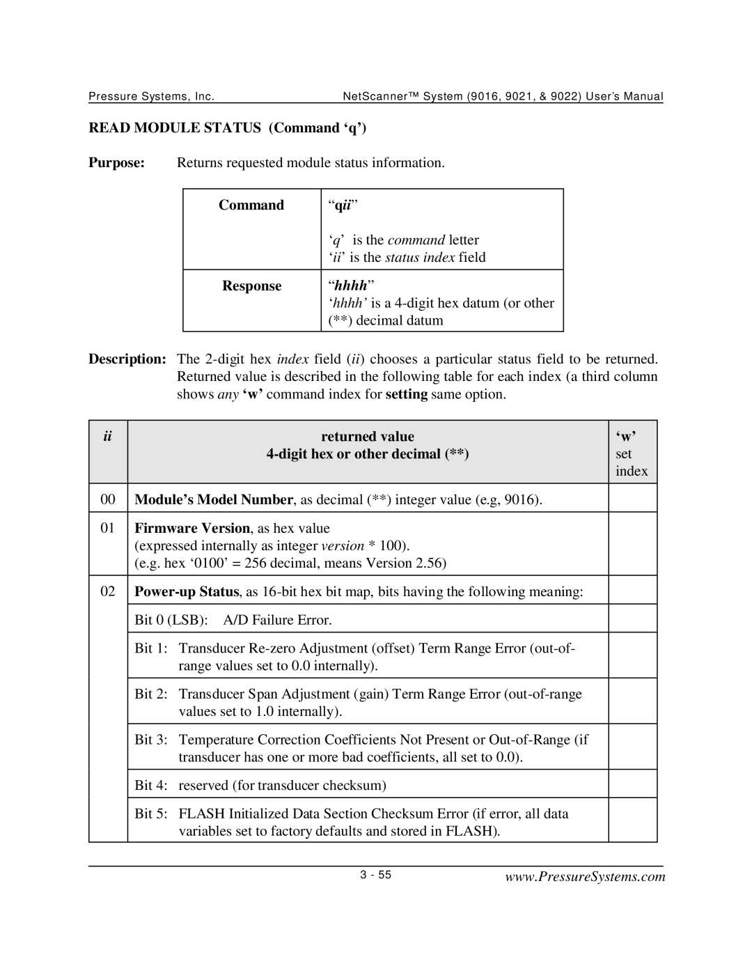 Pressure Systems 9022 user manual Read Module Status Command ‘q’, Hhhh, Firmware Version, as hex value 