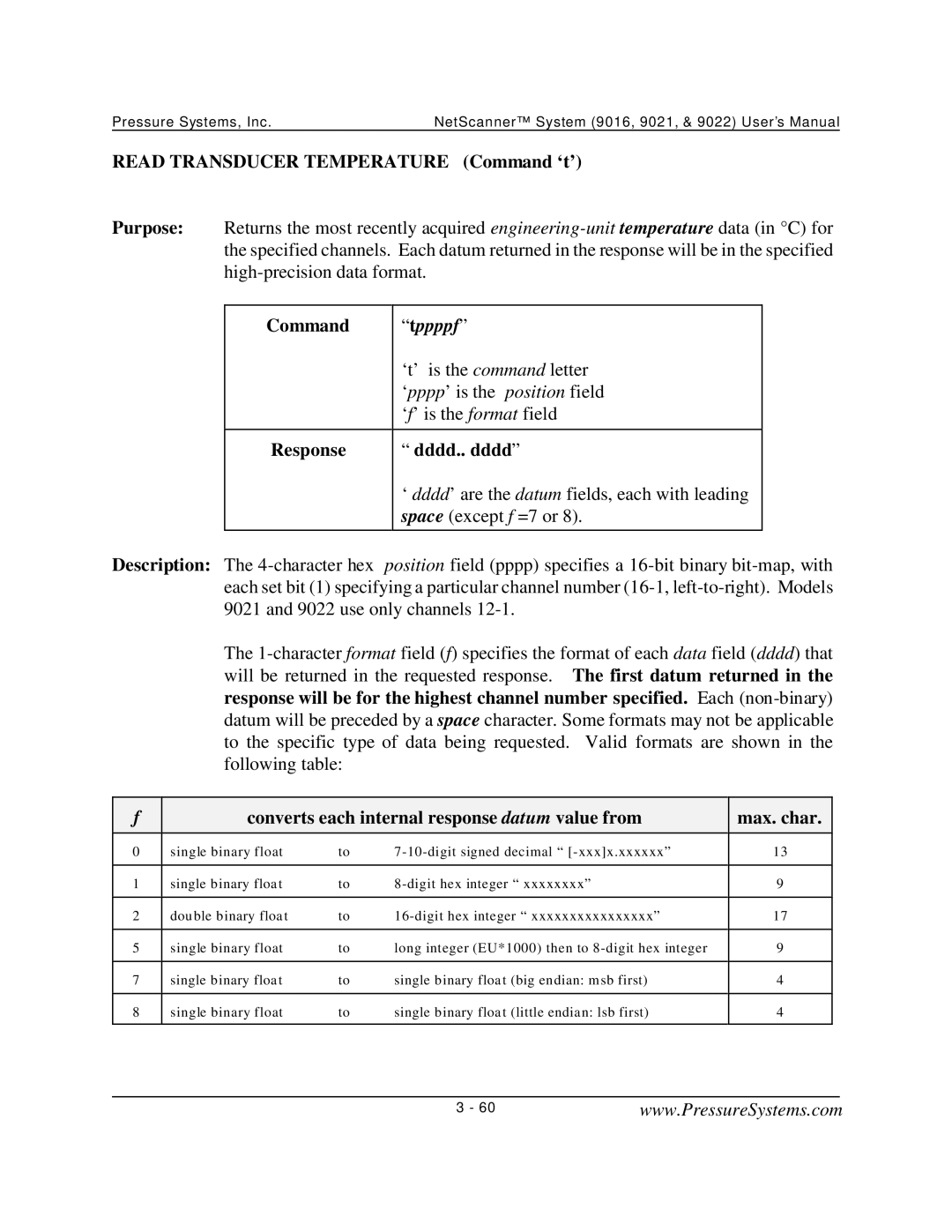 Pressure Systems 9022 user manual Read Transducer Temperature Command ‘t’, Tppppf, Dddd.. dddd 