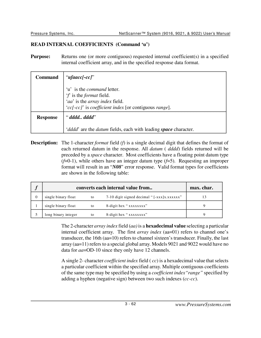 Pressure Systems 9022 user manual Read Internal Coefficients Command ‘u’, Command ufaacc-cc 