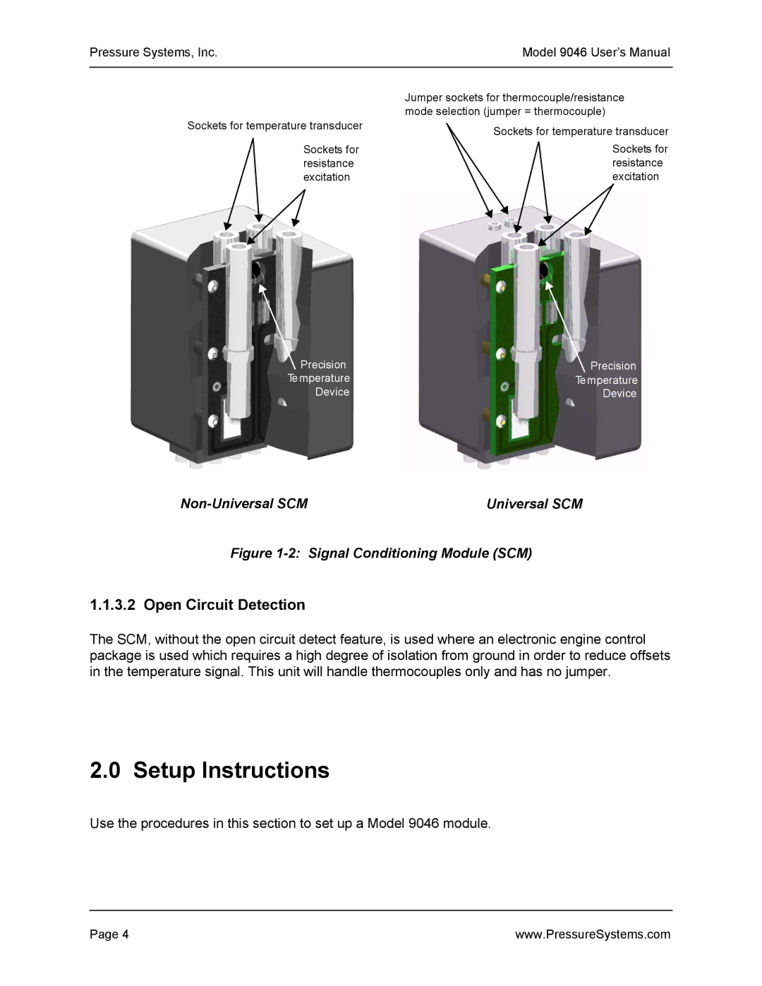 Pressure Systems 9046 user manual Setup Instructions, Open Circuit Detection 