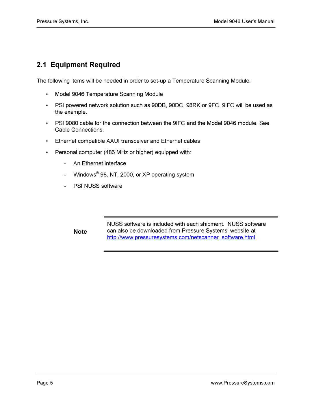 Pressure Systems 9046 user manual Equipment Required 