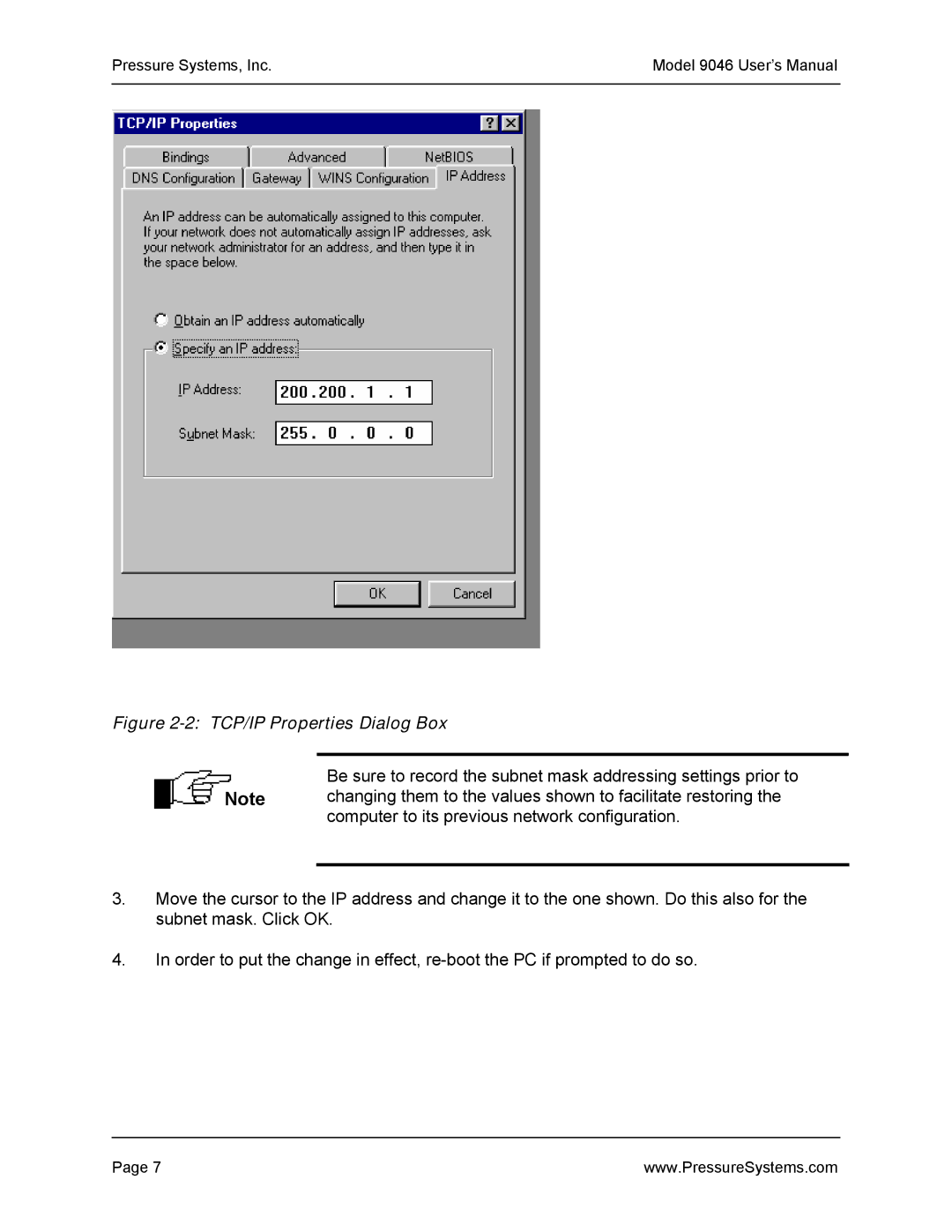 Pressure Systems 9046 user manual TCP/IP Properties Dialog Box 