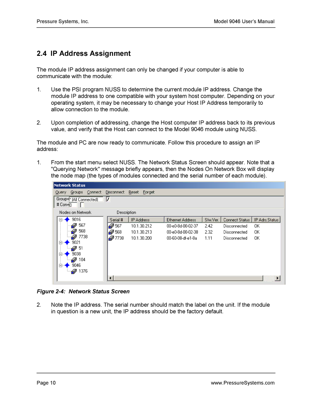 Pressure Systems 9046 user manual IP Address Assignment, Network Status Screen 