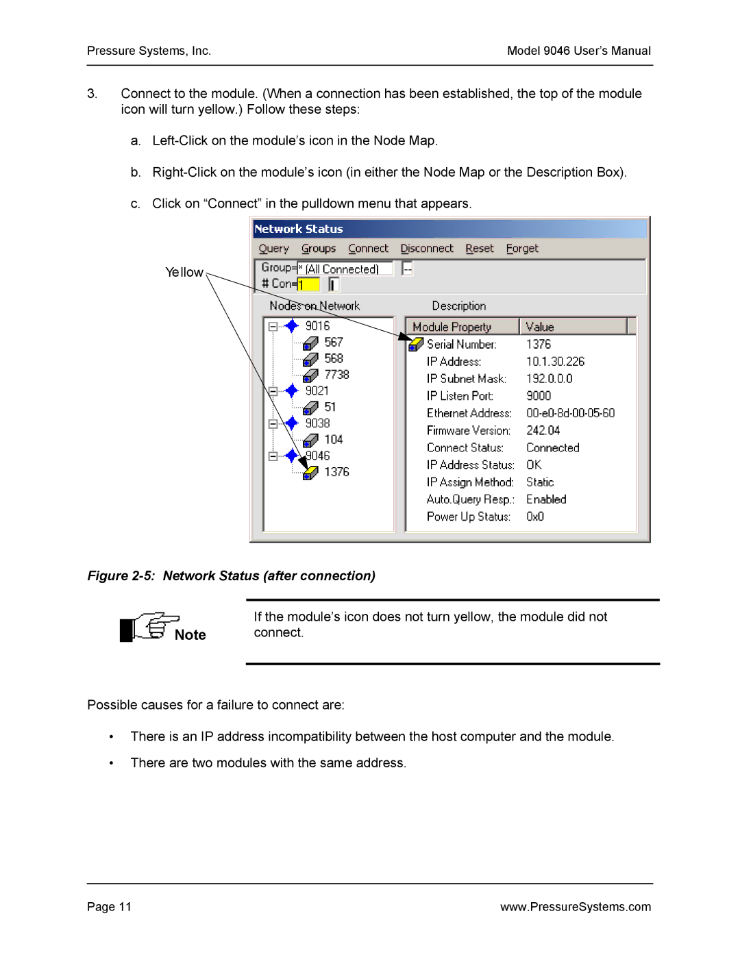 Pressure Systems 9046 user manual Network Status after connection 