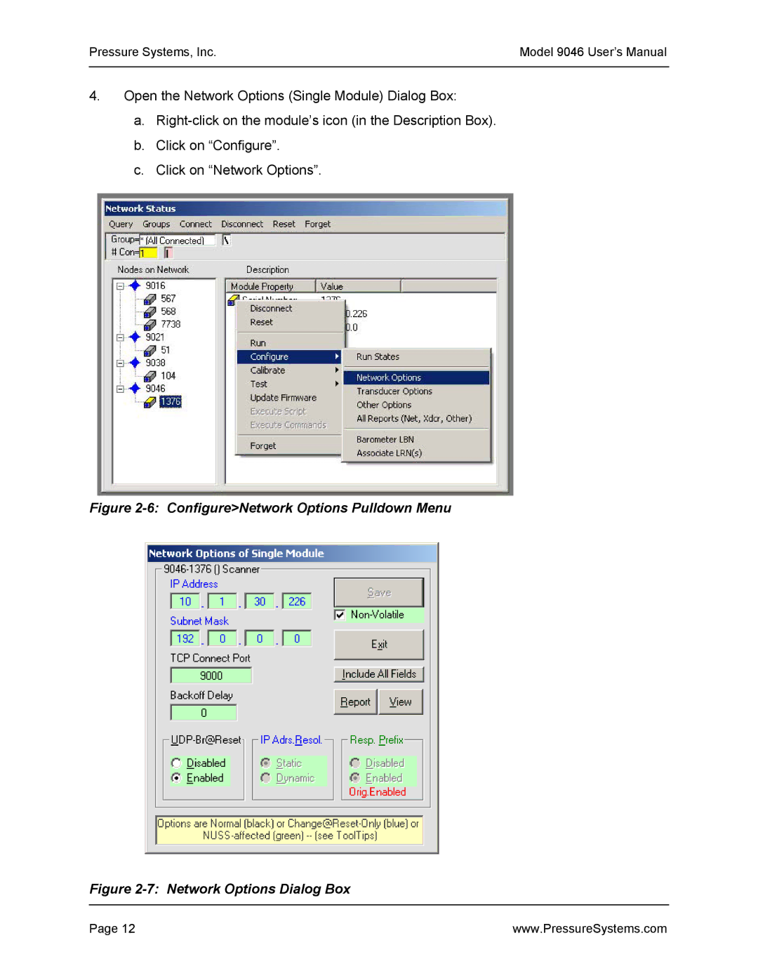 Pressure Systems 9046 user manual ConfigureNetwork Options Pulldown Menu 