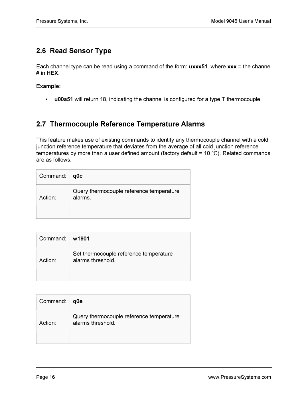 Pressure Systems 9046 user manual Read Sensor Type, Thermocouple Reference Temperature Alarms 