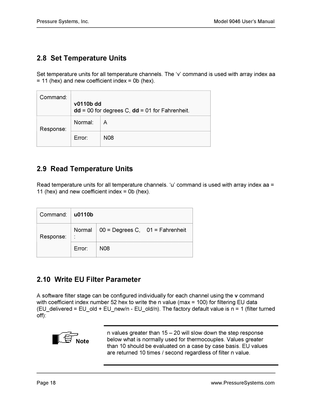 Pressure Systems 9046 Set Temperature Units, Read Temperature Units, Write EU Filter Parameter, V0110b dd, U0110b 