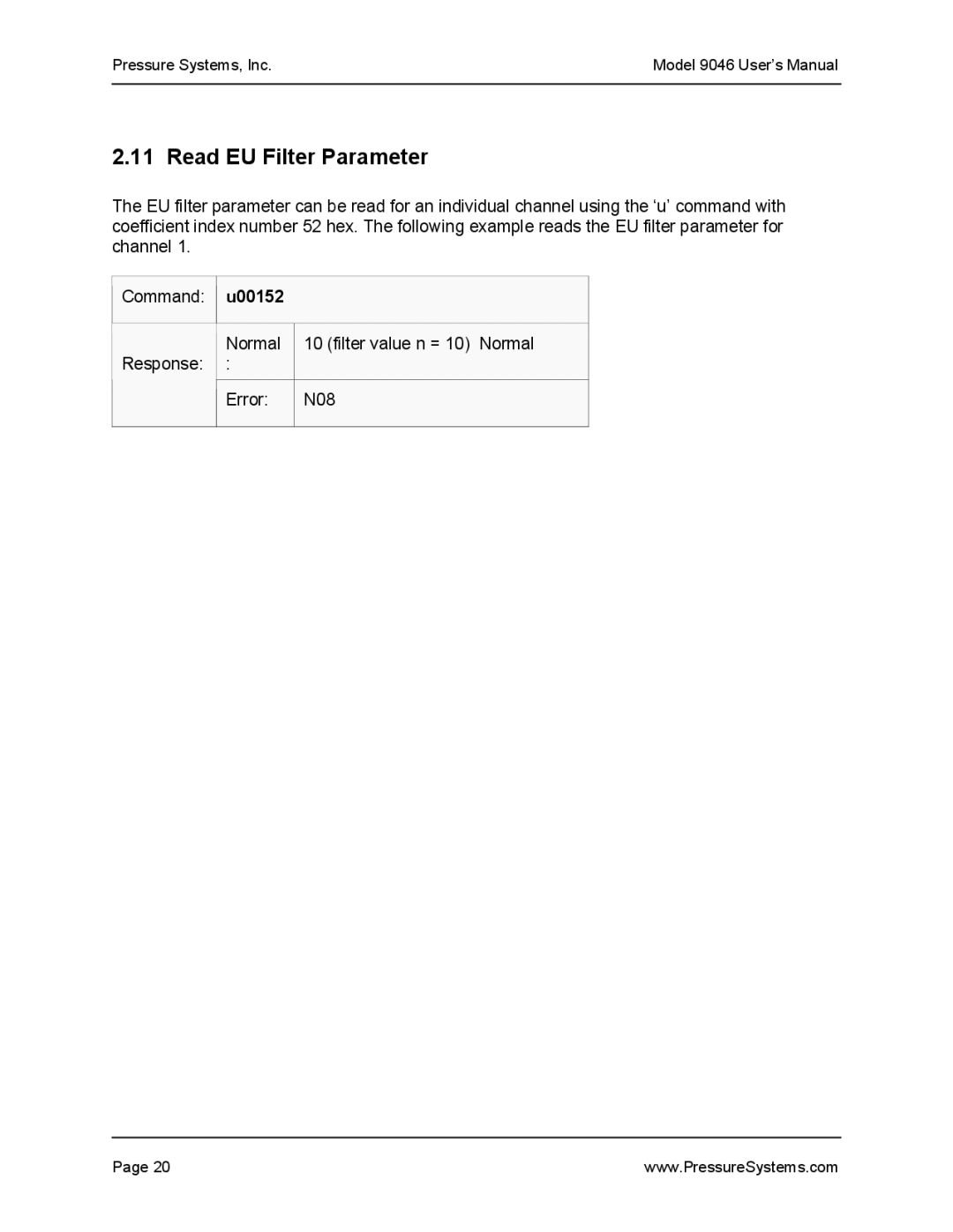 Pressure Systems 9046 user manual Read EU Filter Parameter, U00152 