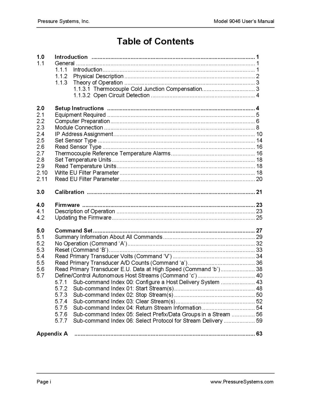 Pressure Systems 9046 user manual Table of Contents 