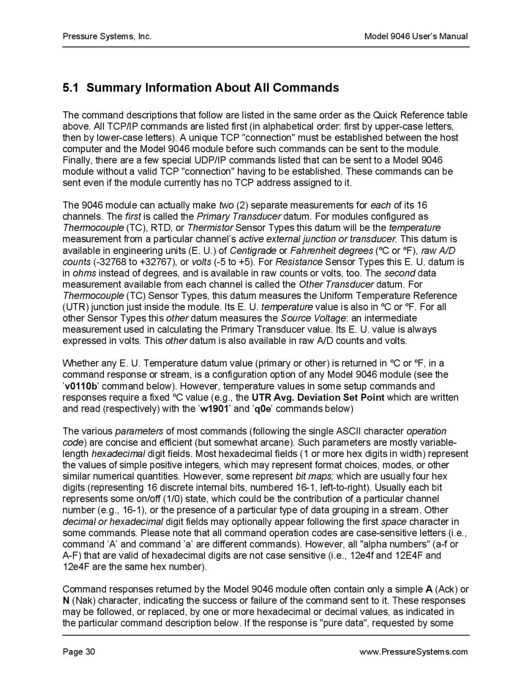 Pressure Systems 9046 user manual Summary Information About All Commands 