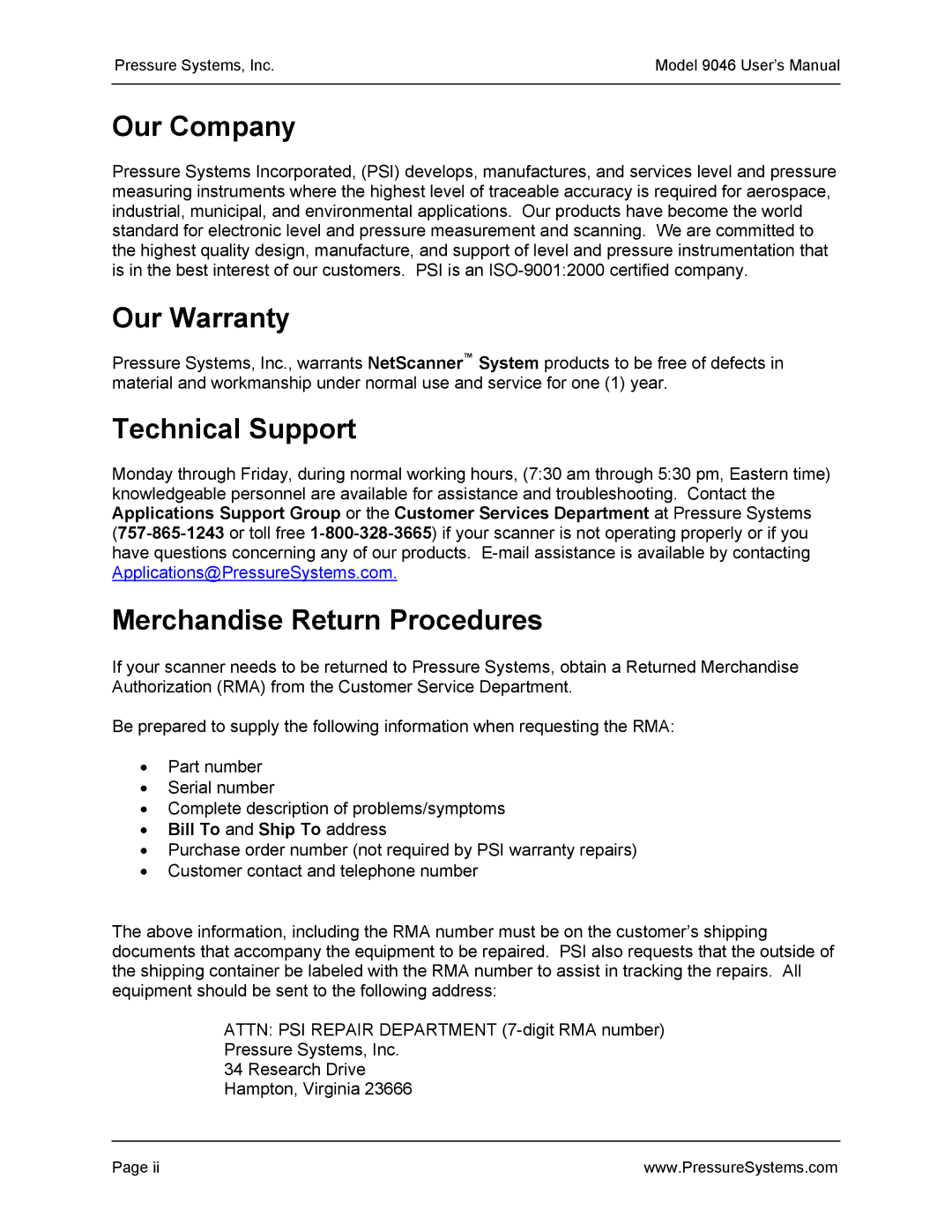 Pressure Systems 9046 user manual Our Company, Our Warranty, Technical Support, Merchandise Return Procedures 