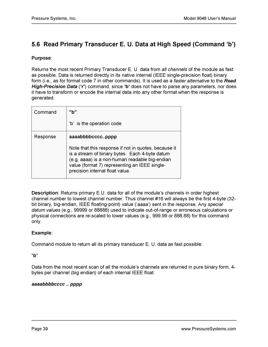 Pressure Systems 9046 user manual Read Primary Transducer E. U. Data at High Speed Command ’b’, Aaaabbbbcccc..pppp 