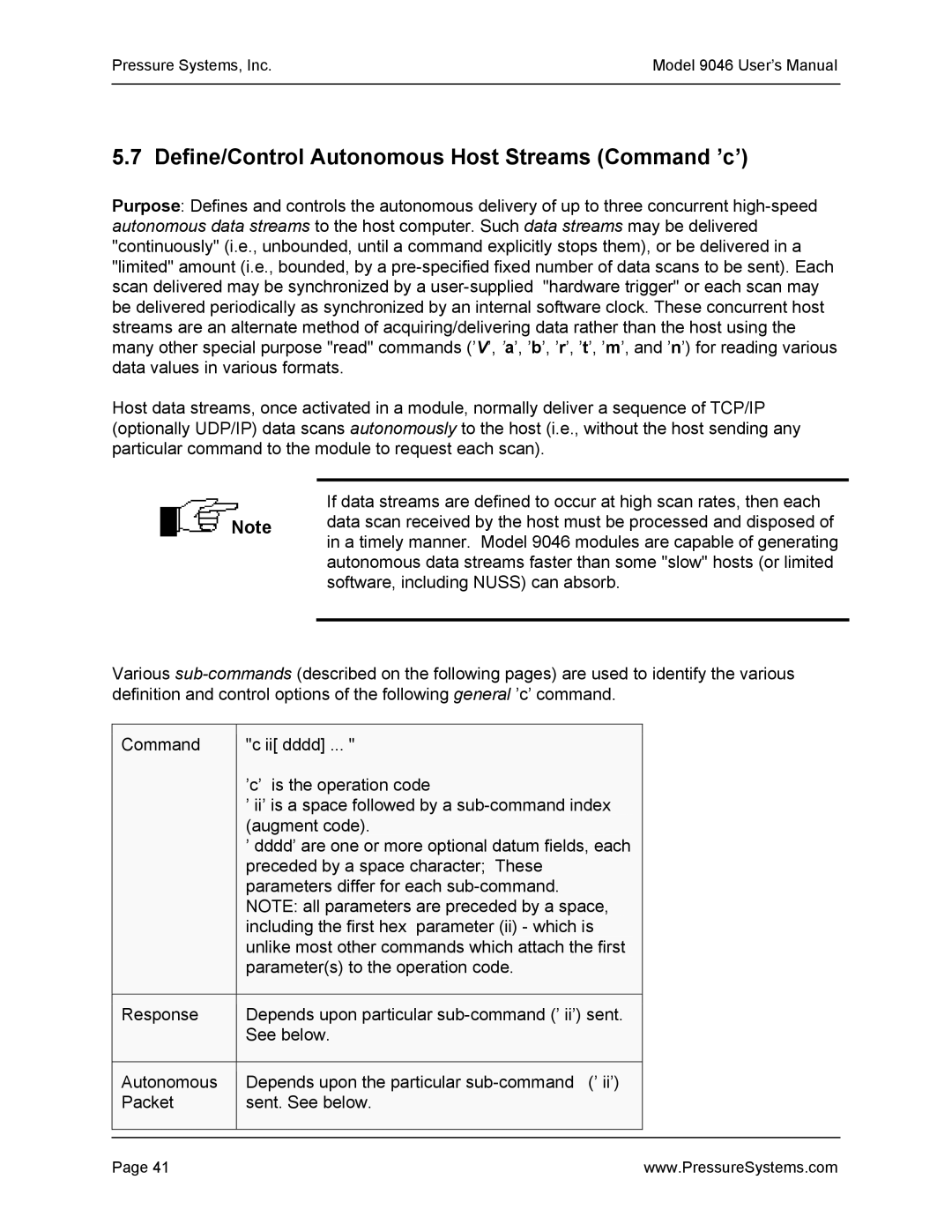 Pressure Systems 9046 user manual Define/Control Autonomous Host Streams Command ’c’ 