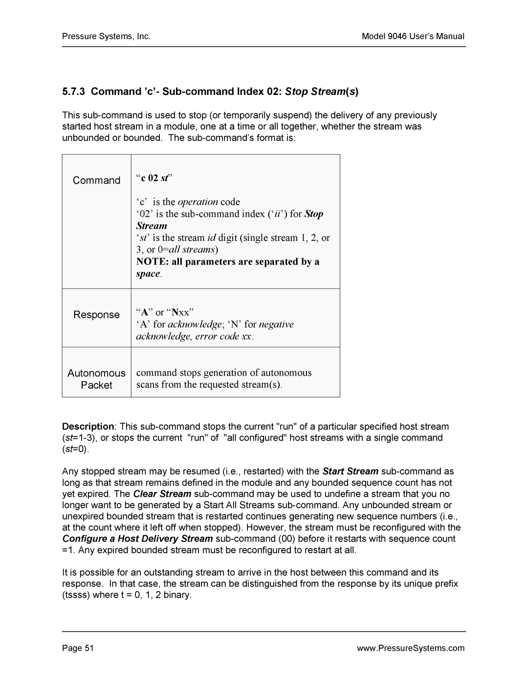 Pressure Systems 9046 user manual Command ’c’- Sub-command Index 02 Stop Streams, Space 