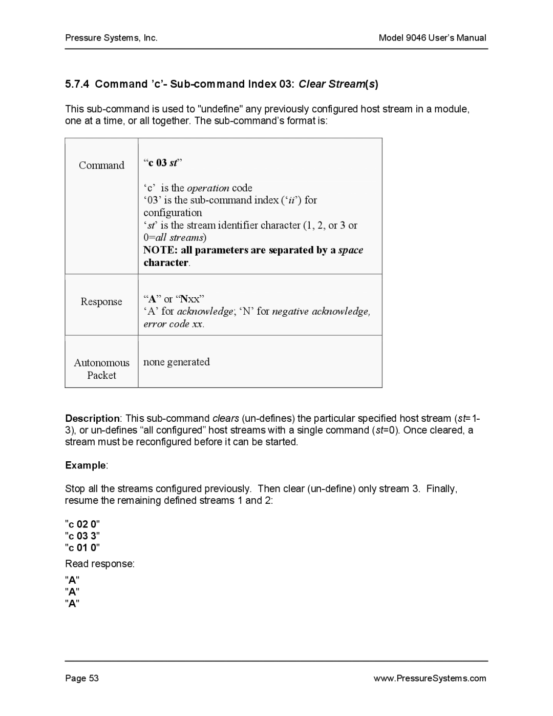 Pressure Systems 9046 user manual Command ’c’- Sub-command Index 03 Clear Streams, 02 0 c 03 3 c 01 