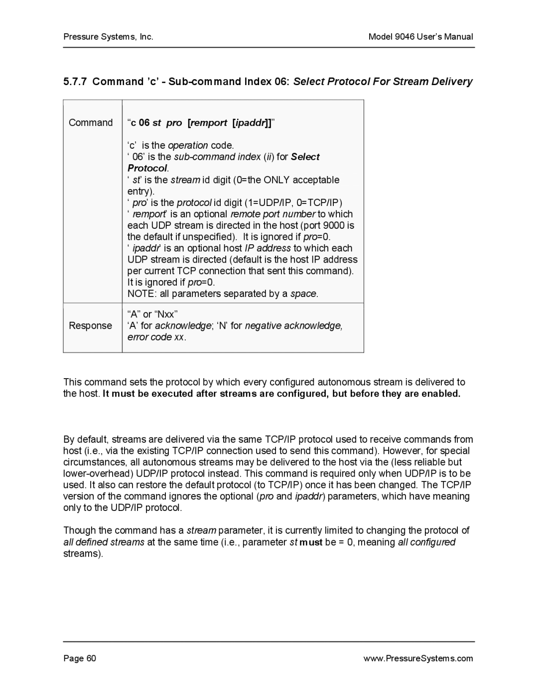 Pressure Systems 9046 user manual Command c 06 st pro remport ipaddr 