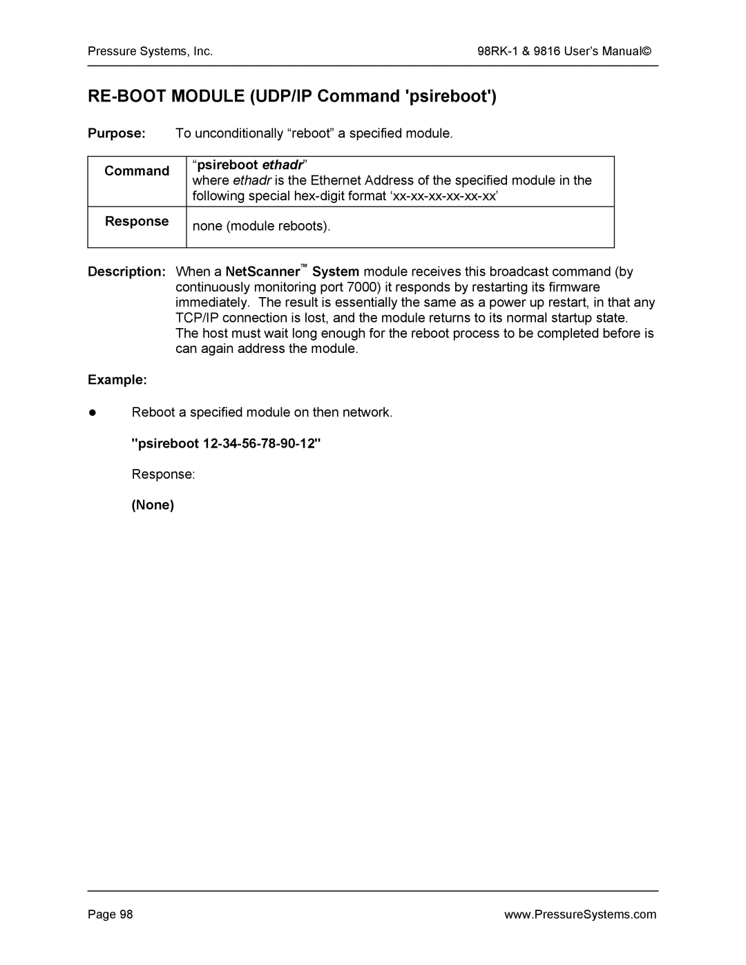 Pressure Systems 98RK-1 user manual RE-BOOT Module UDP/IP Command psireboot, Command Psireboot ethadr 