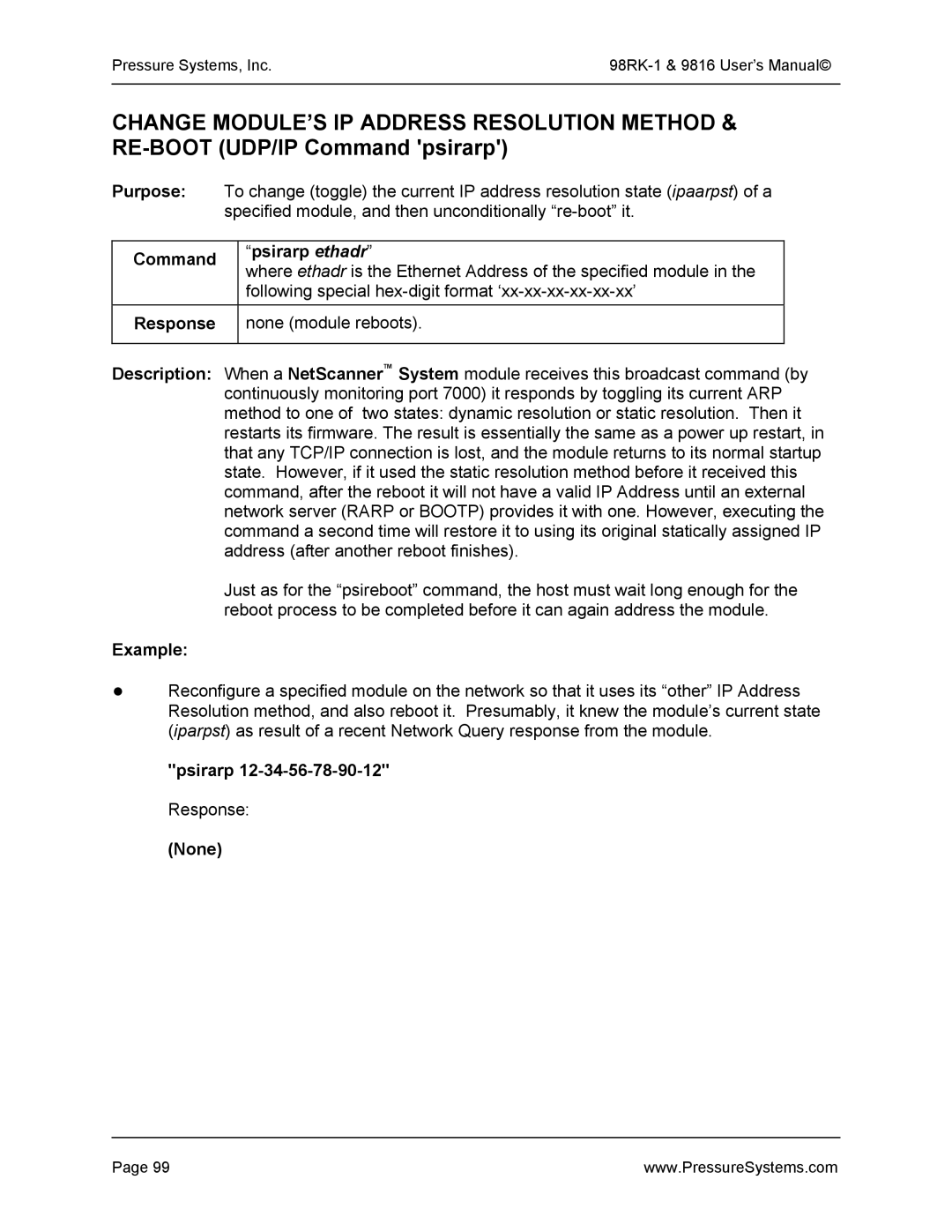 Pressure Systems 98RK-1 user manual Command Psirarp ethadr, Psirarp 12-34-56-78-90-12 Response None 