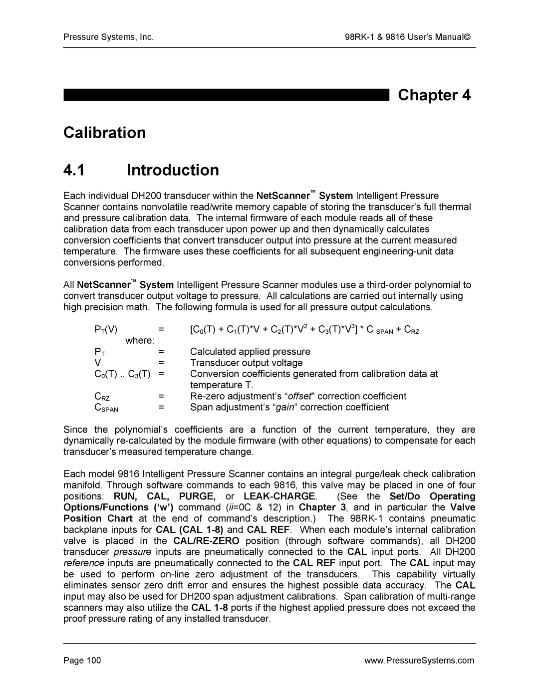 Pressure Systems 98RK-1 user manual Chapter Calibration Introduction 