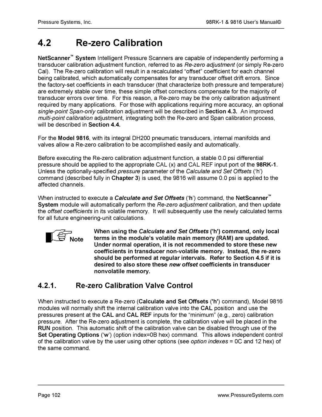 Pressure Systems 98RK-1 user manual Re-zero Calibration Valve Control 