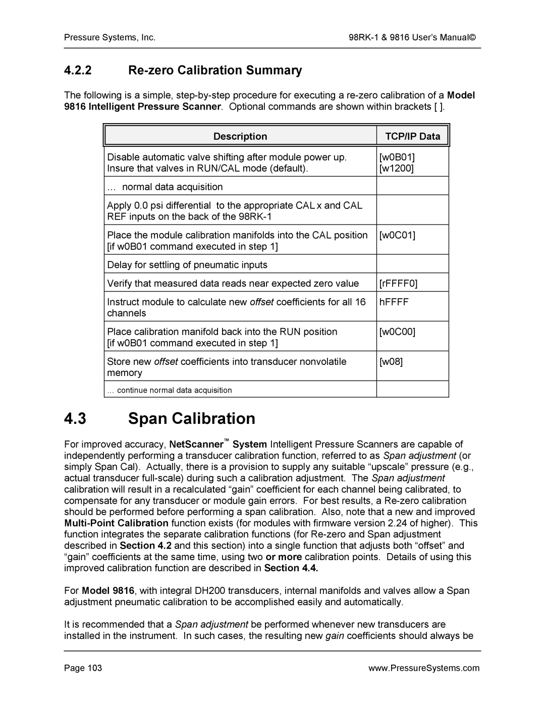 Pressure Systems 98RK-1 user manual Span Calibration, Re-zero Calibration Summary, Description TCP/IP Data 