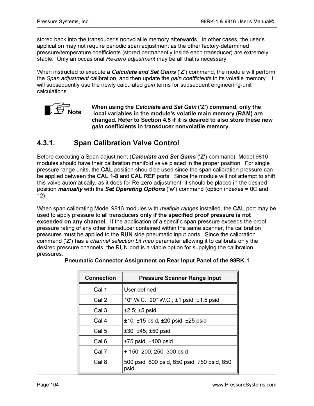 Pressure Systems 98RK-1 user manual Span Calibration Valve Control 