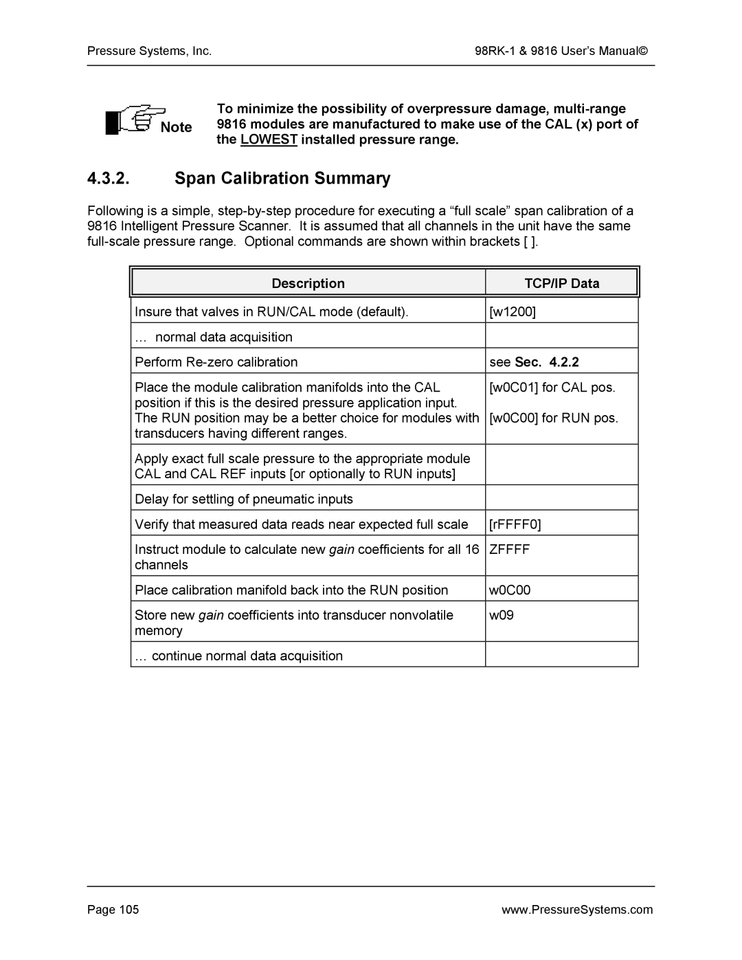 Pressure Systems 98RK-1 user manual Span Calibration Summary, See Sec 